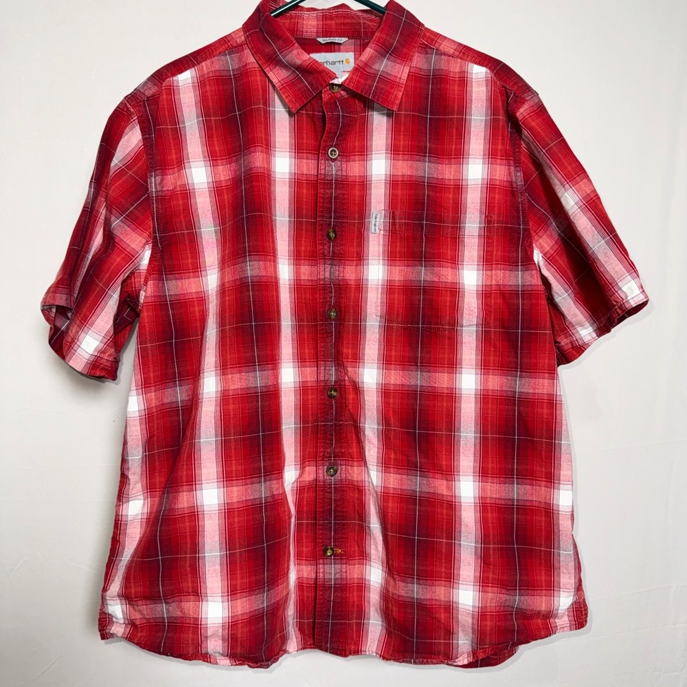 Carhartt Mens XL Relaxed Fit Short Sleeve Plaid Button Down Shirt Red 101958 608